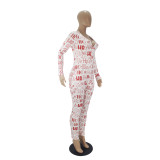 Autumn Print Sexy V-Neck Button Up Onesie Pajama