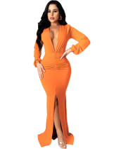 Spring Long Sleeve Deep-V Front Slit Mermaid Orange Evening Dress Spring Long Sleeve Deep-V Front Slit Mermaid Orange Evening Dress
