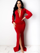 Spring Long Sleeve Deep-V Front Slit Mermaid Red Evening Dress Spring Long Sleeve Deep-V Front Slit Mermaid Red Evening Dress