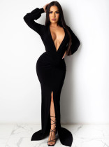 Spring Long Sleeve Deep-V Front Slit Mermaid Black Evening Dress Spring Long Sleeve Deep-V Front Slit Mermaid Black Evening Dress