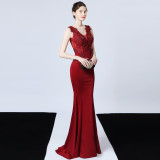 Formal Sleeveless V-Neck Beaded Mermaid Evening Dress