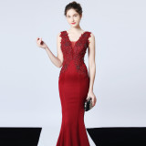 Formal Sleeveless V-Neck Beaded Mermaid Evening Dress
