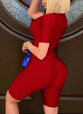 Summer Red Front Zip Up Waffle Sexy Bodycon Rompers
