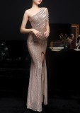 Summer Occassional Sequins Goden Side Slit One Shoulder Long Evening Dress