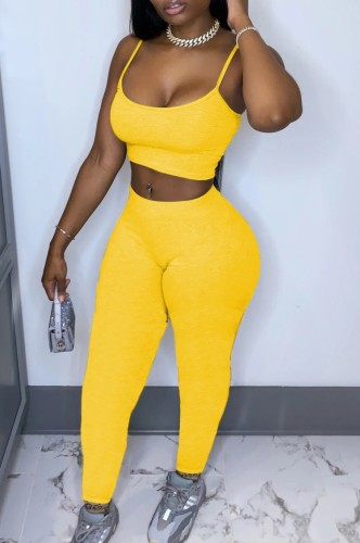 Summer Solid Color Tight Strap Crop Top and Pants 2pc Matching Set