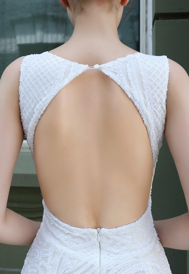 Summer Wedding White Sequins Sleeveless O-Neck Mermaid Bridal Dress