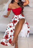 Summer Print Red Ruched Crop Top and Slit Long Skirt 2PC Matching Sundress Set