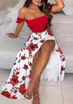 Summer Print Red Ruched Crop Top and Slit Long Skirt 2PC Matching Sundress Set Summer Print Red Ruched Crop Top and Slit Long Skirt 2PC Matching Sundress Set