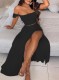 Summer Black Ruched Crop Top and Slit Long Skirt 2PC Matching Sundress Set
