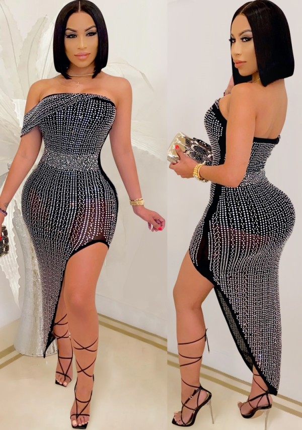 Summer Formal Beaded Strapless Irregular Long Party Dress