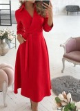Spring Solid Color Elegant Wrapped Skater Dress with 3/4 Sleeves