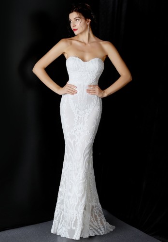 Summer White Sequins Strapless Wedding Mermaid Bridal Gown