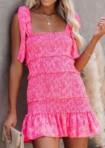 Summer Casual Pink Ruffles Knotted Strap Mini Sundress