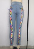 Summer Colorful Lace-Up Blue High Waist Fitted Jeans