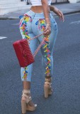 Summer Colorful Lace-Up Blue High Waist Fitted Jeans