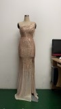 Summer Occassional Sequins Goden Side Slit One Shoulder Long Evening Dress