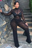Summer Print Black Sexy Transparent Long Sleeve Formal Jumpsuit