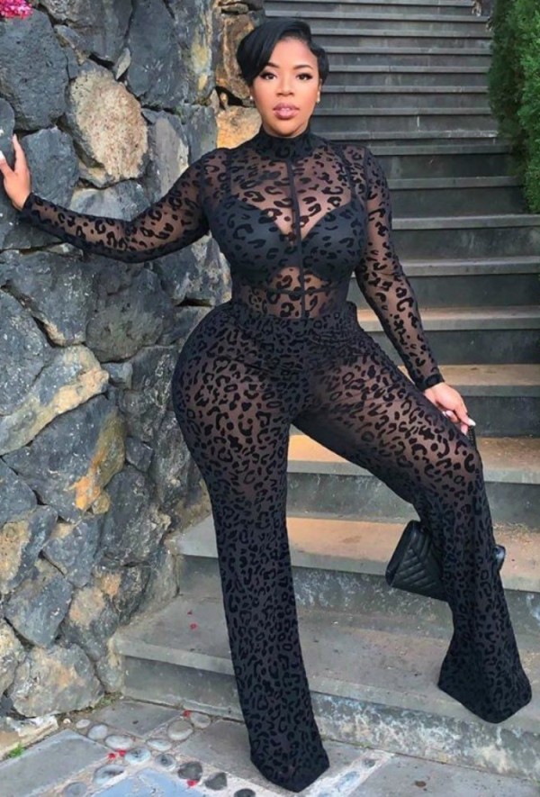 Summer Print Black Sexy Transparent Long Sleeve Formal Jumpsuit