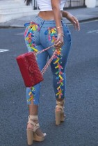 Summer Colorful Lace-Up Blue High Waist Fitted Jeans