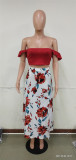 Summer Print Red Ruched Crop Top and Slit Long Skirt 2PC Matching Sundress Set