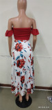 Summer Print Red Ruched Crop Top and Slit Long Skirt 2PC Matching Sundress Set