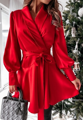 Spring Casual Red Puff Sleeve Wrap Skater Dress with Belt