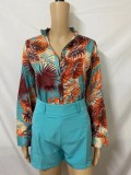 Summer Formal Print Green Long Sleeve Blouse and Plain Shorts 2 Piece Set
