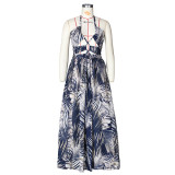 Summer Print Black Sexy Halter Long Sundress