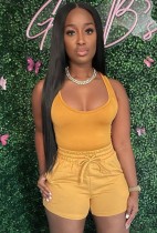 Summer Casual Yellow Vest and Drawstrings Shorts 2PC Set