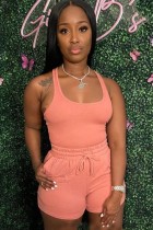 Summer Casual Pink Vest and Drawstrings Shorts 2PC Set
