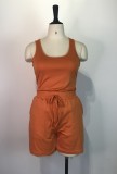 Summer Casual Orange Vest and Drawstrings Shorts 2PC Set