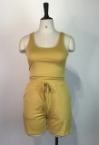 Summer Casual Yellow Vest and Drawstrings Shorts 2PC Set