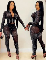 Summer Sexy Black Beaded Long Sleeve Crop Top and Pants Matching Set Summer Sexy Black Beaded Long Sleeve Crop Top and Pants Matching Set