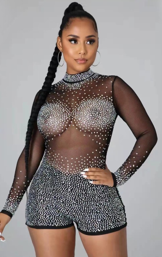 Summer Black Beaded See Through Sexy Long Sleeve Party Rompers