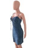 Summer Casual Blue Lace Up Strap Bodycon Denim Dress