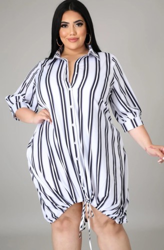 Summer Plus Size Casual Stripes Blouse Dress