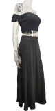 Summer Black Ruched Crop Top and Slit Long Skirt 2PC Matching Sundress Set