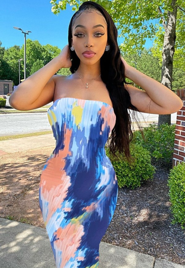 Summer Party Sexy Tie Dye Under-Knee Length Tube Dress