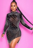 Autumn Party Black Beaded Sexy Fringe Mini Dress