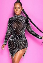Autumn Party Black Beaded Sexy Fringe Mini Dress
