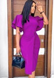 Autumn Professional Purple Ruffle Sleeves Pencil Office Dress