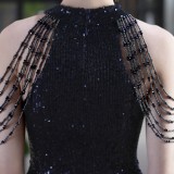 Summer Occassional Blue Sequin Mesh Patch Halter Evening Dress