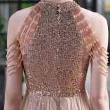 Summer Occassional Gold Sequin Mesh Patch Halter Evening Dress