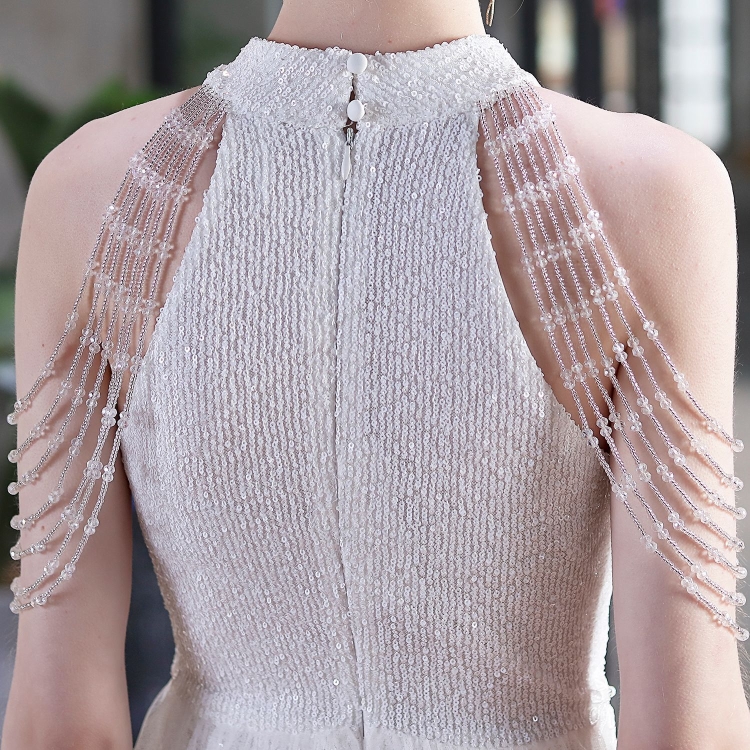 Summer Occassional White Sequin Mesh Patch Halter Evening Dress