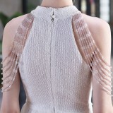 Summer Occassional White Sequin Mesh Patch Halter Evening Dress