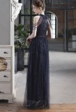 Summer Occassional Blue Sequin Mesh Patch Halter Evening Dress
