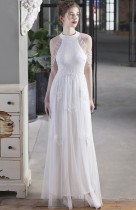 Summer Occassional White Sequin Mesh Patch Halter Evening Dress