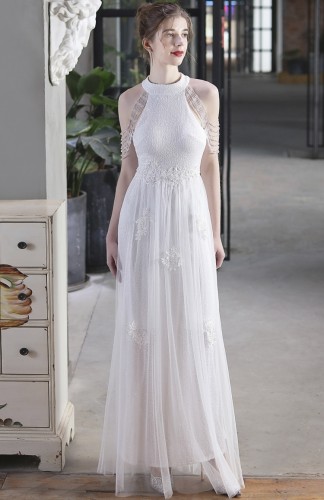 Summer Occassional White Sequin Mesh Patch Halter Evening Dress