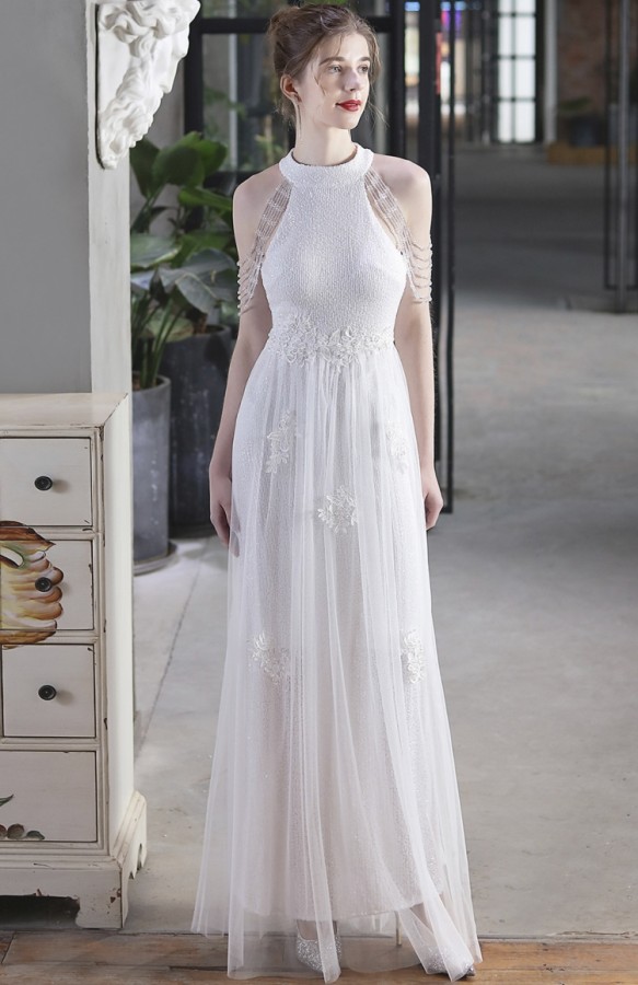 Summer Occassional White Sequin Mesh Patch Halter Evening Dress