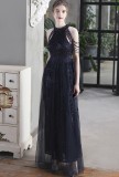 Summer Occassional Blue Sequin Mesh Patch Halter Evening Dress